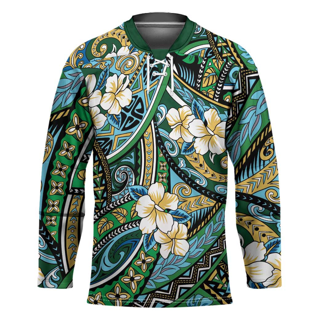 Polynesian Hibiscus Tropical Green Floral Hockey Jersey Tribal Pattern - Polynesian Pride