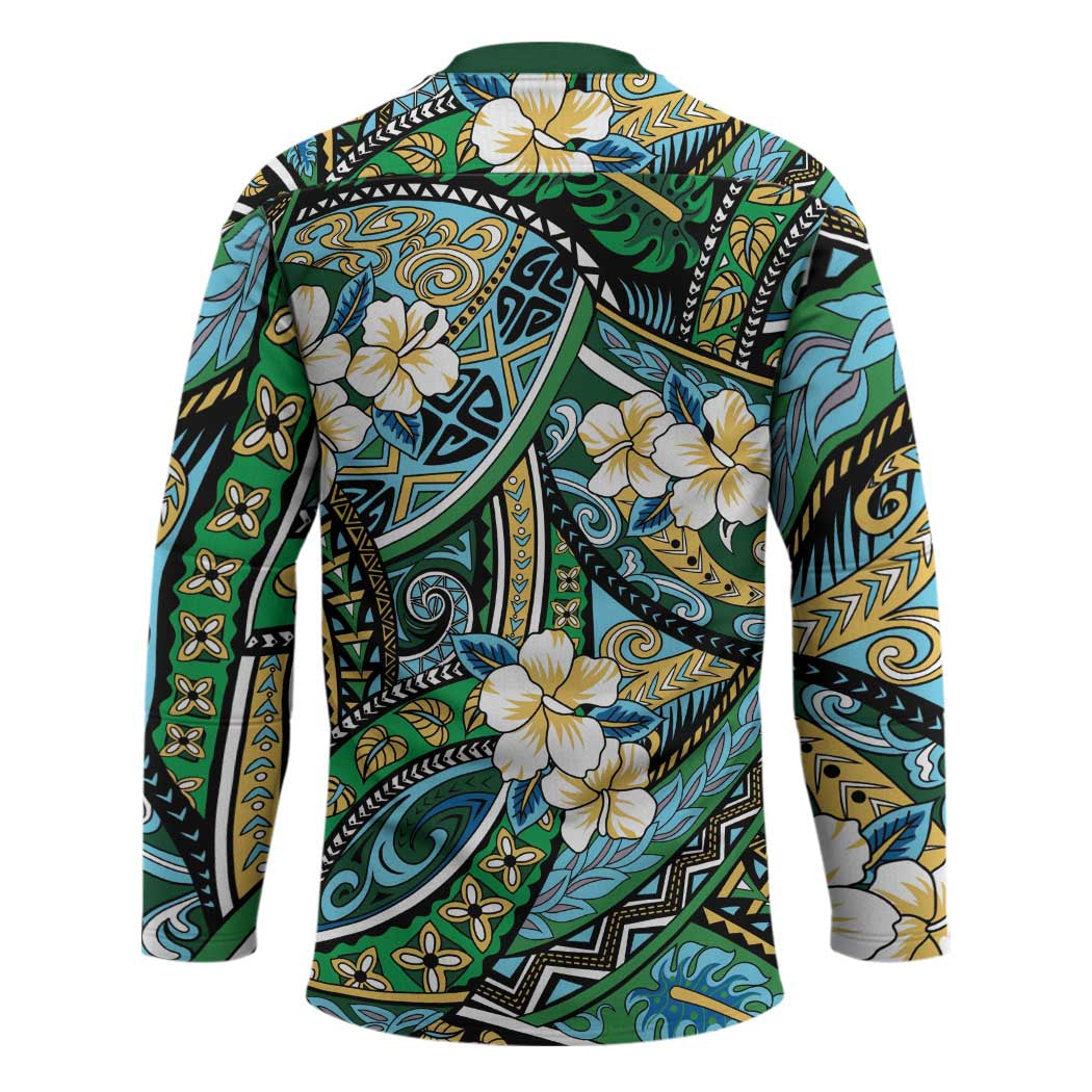 Polynesian Hibiscus Tropical Green Floral Hockey Jersey Tribal Pattern - Polynesian Pride
