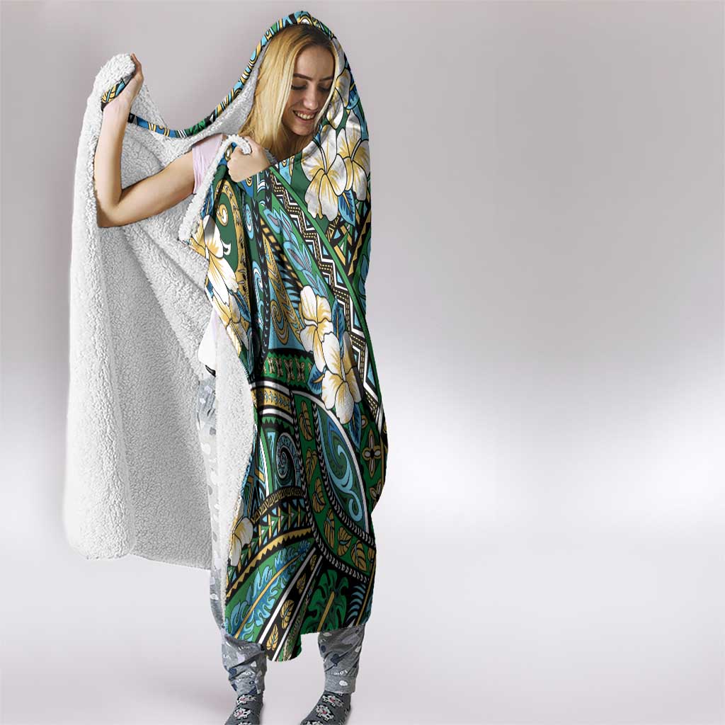 Polynesian Hibiscus Tropical Green Floral Hooded Blanket Tribal Pattern - Polynesian Pride