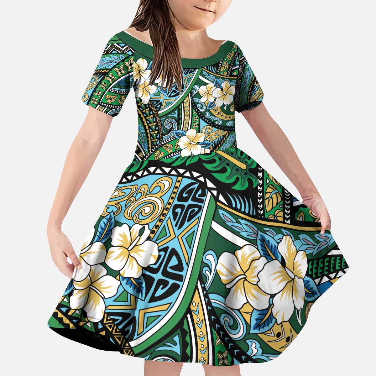 Polynesian Hibiscus Tropical Green Floral Kid Short Sleeve Dress Tribal Pattern - Polynesian Pride