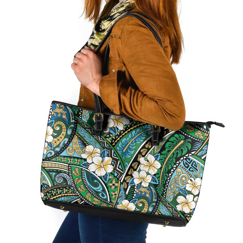 Polynesian Hibiscus Tropical Green Floral Leather Tote Bag Tribal Pattern - Polynesian Pride