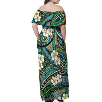 Polynesian Hibiscus Tropical Green Floral Off Shoulder Maxi Dress Tribal Pattern - Polynesian Pride
