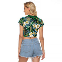 Polynesian Hibiscus Tropical Green Floral Raglan Cropped T Shirt Tribal Pattern - Polynesian Pride