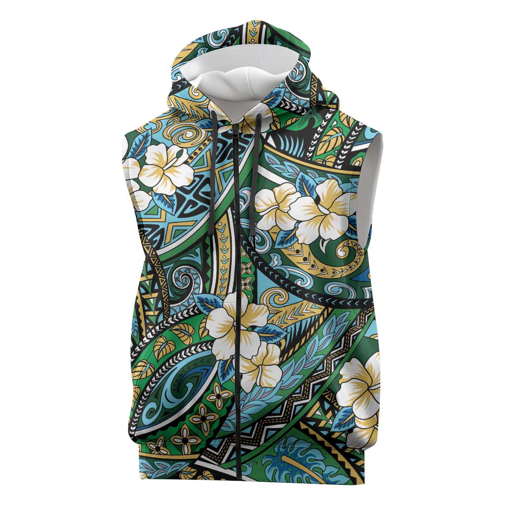 Polynesian Hibiscus Tropical Green Floral Sleeveless Zip Hoodie Tribal Pattern LT01 Green - Polynesian Pride