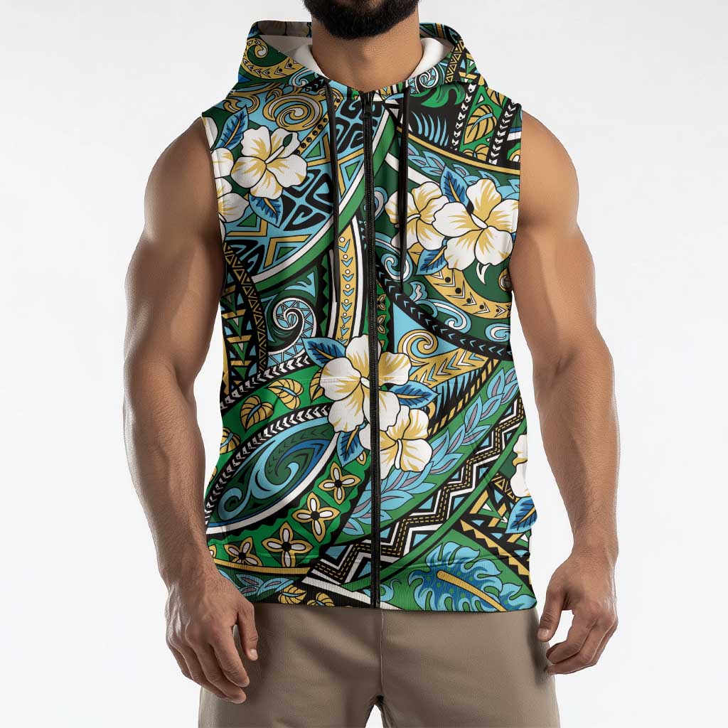 Polynesian Hibiscus Tropical Green Floral Sleeveless Zip Hoodie Tribal Pattern LT01 - Polynesian Pride