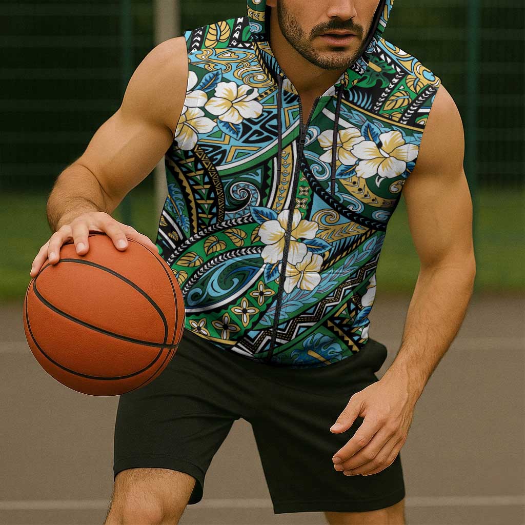 Polynesian Hibiscus Tropical Green Floral Sleeveless Zip Hoodie Tribal Pattern LT01 - Polynesian Pride