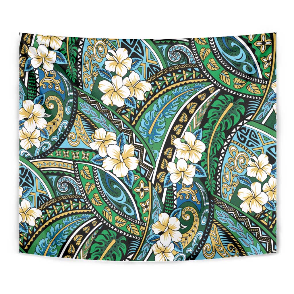 Polynesian Hibiscus Tropical Green Floral Tapestry Tribal Pattern - Polynesian Pride