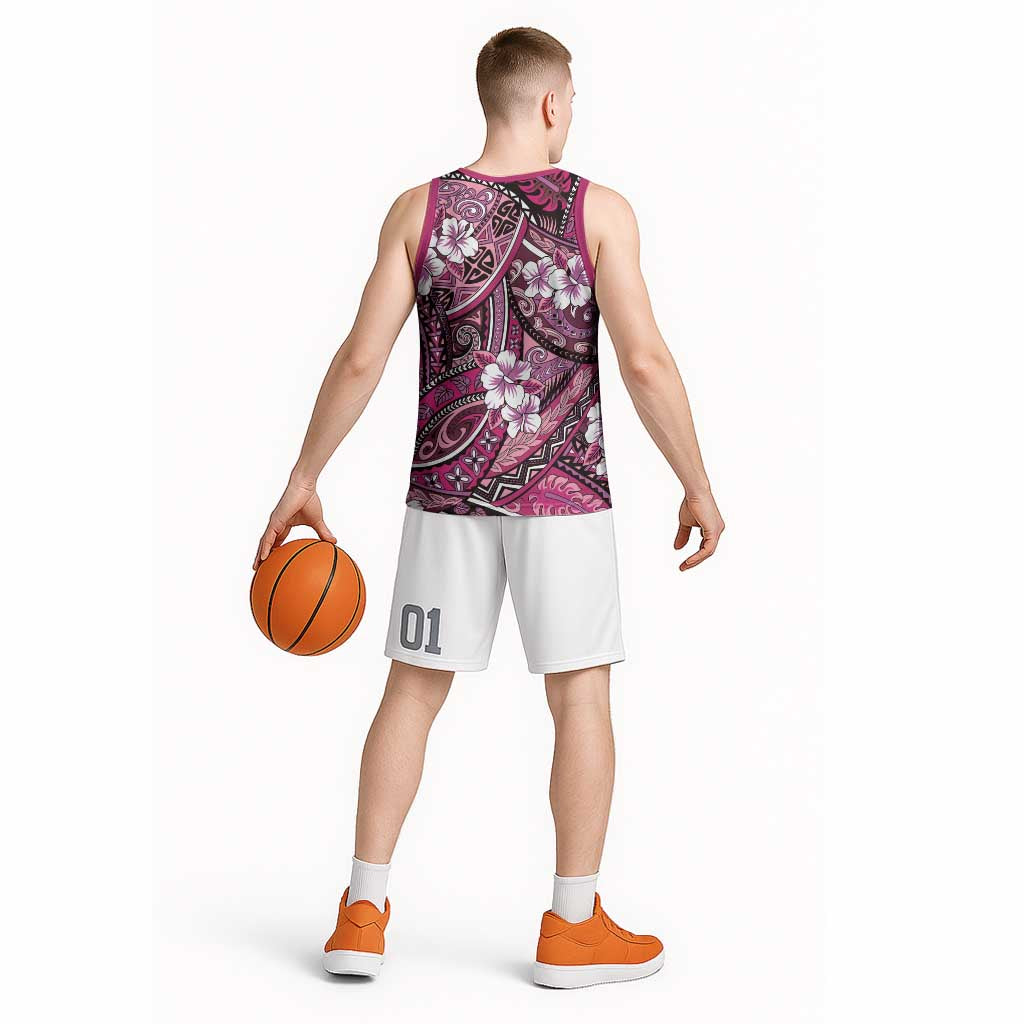 Polynesian Hibiscus Tropical Pink Floral Basketball Jersey Tribal Pattern - Polynesian Pride