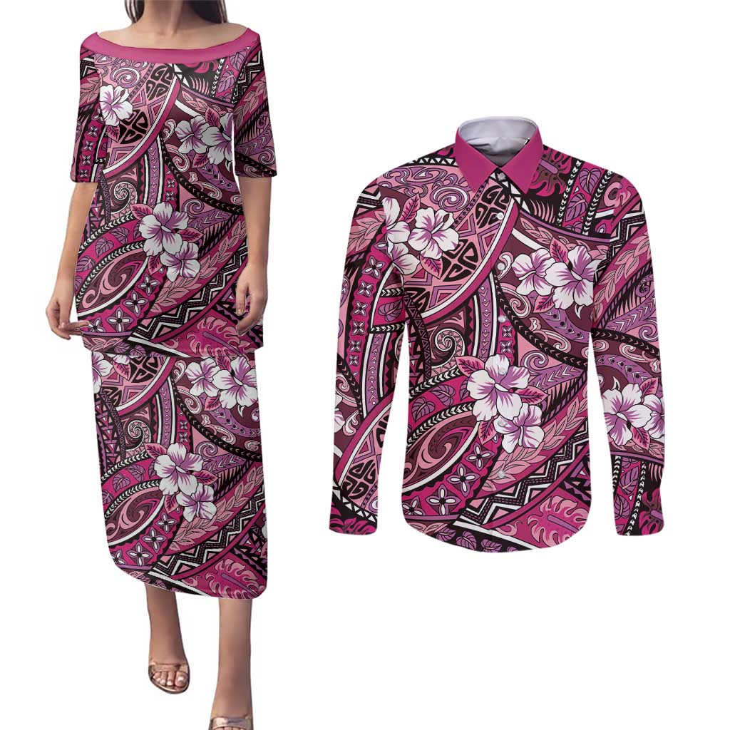Polynesian Hibiscus Tropical Pink Floral Couples Matching Puletasi and Long Sleeve Button Shirt Tribal Pattern LT01 Pink - Polynesian Pride