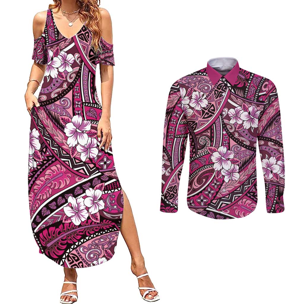Polynesian Hibiscus Tropical Pink Floral Couples Matching Summer Maxi Dress and Long Sleeve Button Shirt Tribal Pattern LT01 Pink - Polynesian Pride