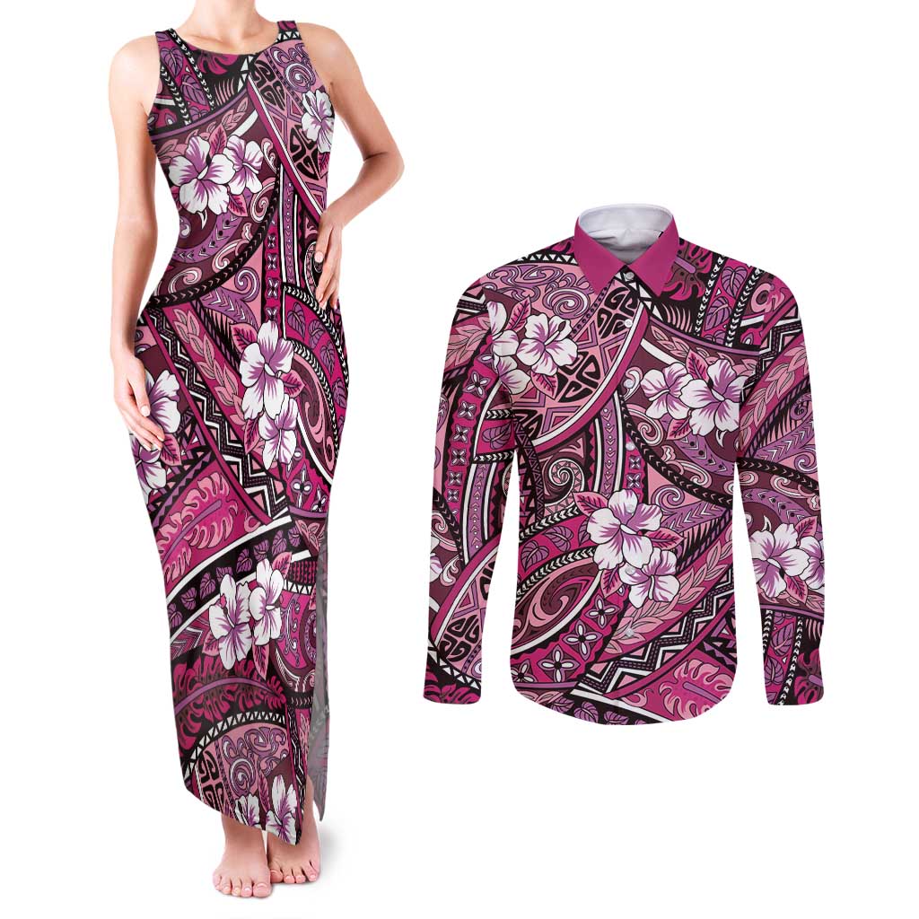 Polynesian Hibiscus Tropical Pink Floral Couples Matching Tank Maxi Dress and Long Sleeve Button Shirt Tribal Pattern LT01 Pink - Polynesian Pride