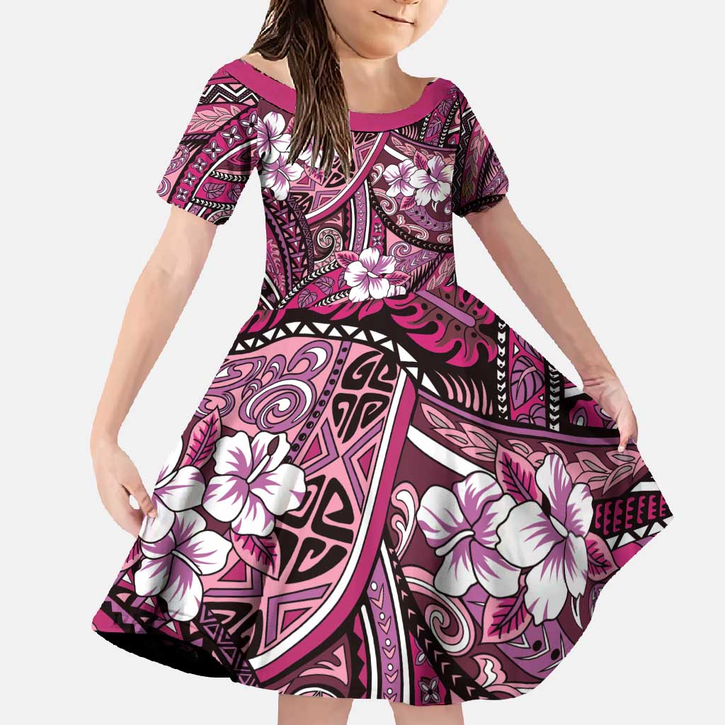 Polynesian Hibiscus Tropical Pink Floral Family Matching Long Sleeve Bodycon Dress and Hawaiian Shirt Tribal Pattern LT01 Daughter's Dress Pink - Polynesian Pride