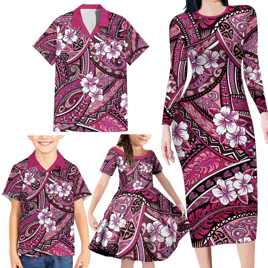 Polynesian Hibiscus Tropical Pink Floral Family Matching Long Sleeve Bodycon Dress and Hawaiian Shirt Tribal Pattern LT01 - Polynesian Pride
