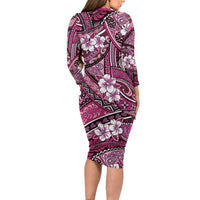Polynesian Hibiscus Tropical Pink Floral Family Matching Long Sleeve Bodycon Dress and Hawaiian Shirt Tribal Pattern LT01 - Polynesian Pride