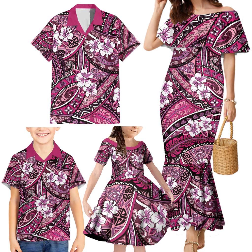 Polynesian Hibiscus Tropical Pink Floral Family Matching Mermaid Dress and Hawaiian Shirt Tribal Pattern LT01 - Polynesian Pride