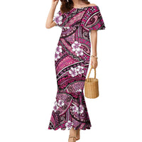 Polynesian Hibiscus Tropical Pink Floral Family Matching Mermaid Dress and Hawaiian Shirt Tribal Pattern LT01 Mom's Dress Pink - Polynesian Pride