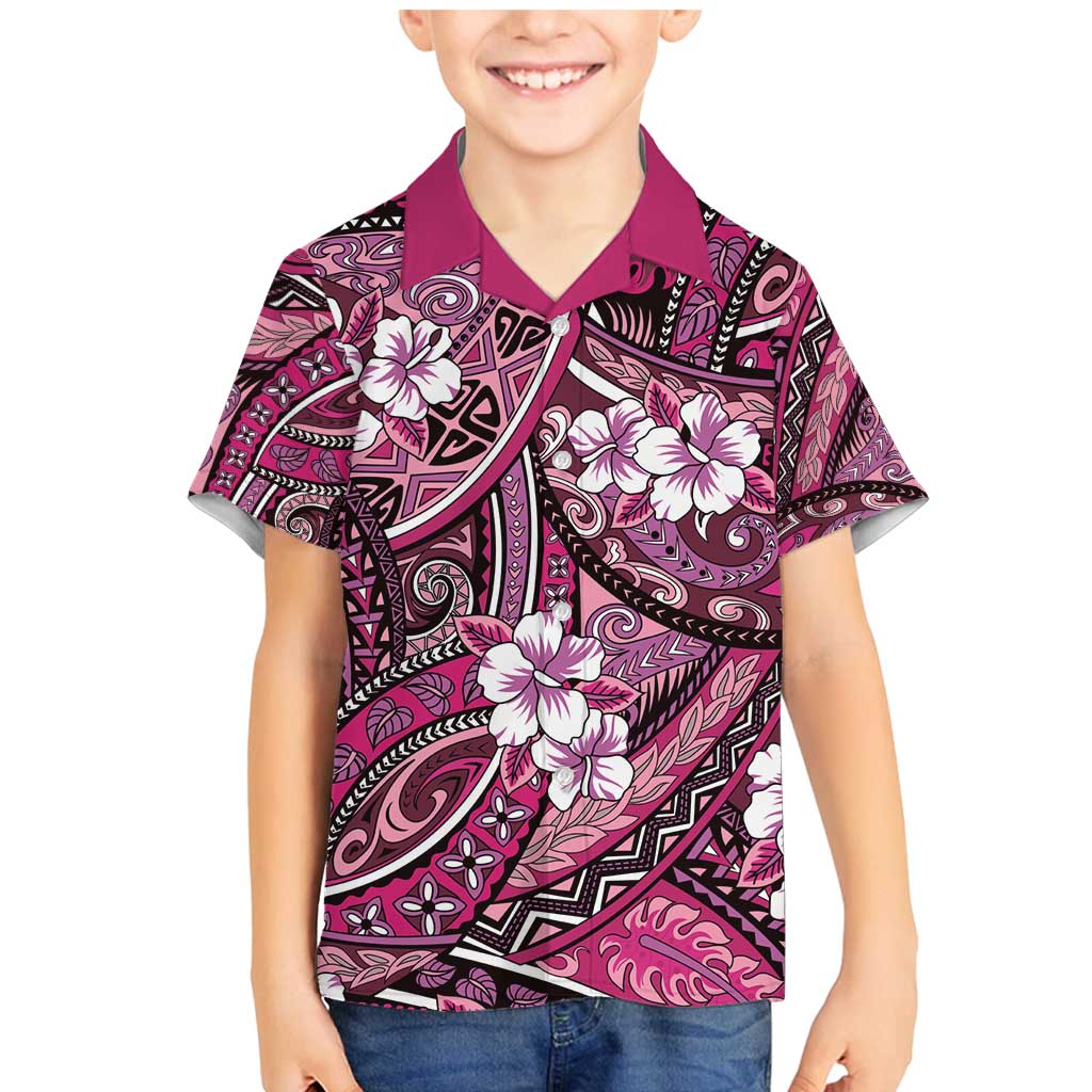 Polynesian Hibiscus Tropical Pink Floral Family Matching Mermaid Dress and Hawaiian Shirt Tribal Pattern LT01 Son's Shirt Pink - Polynesian Pride