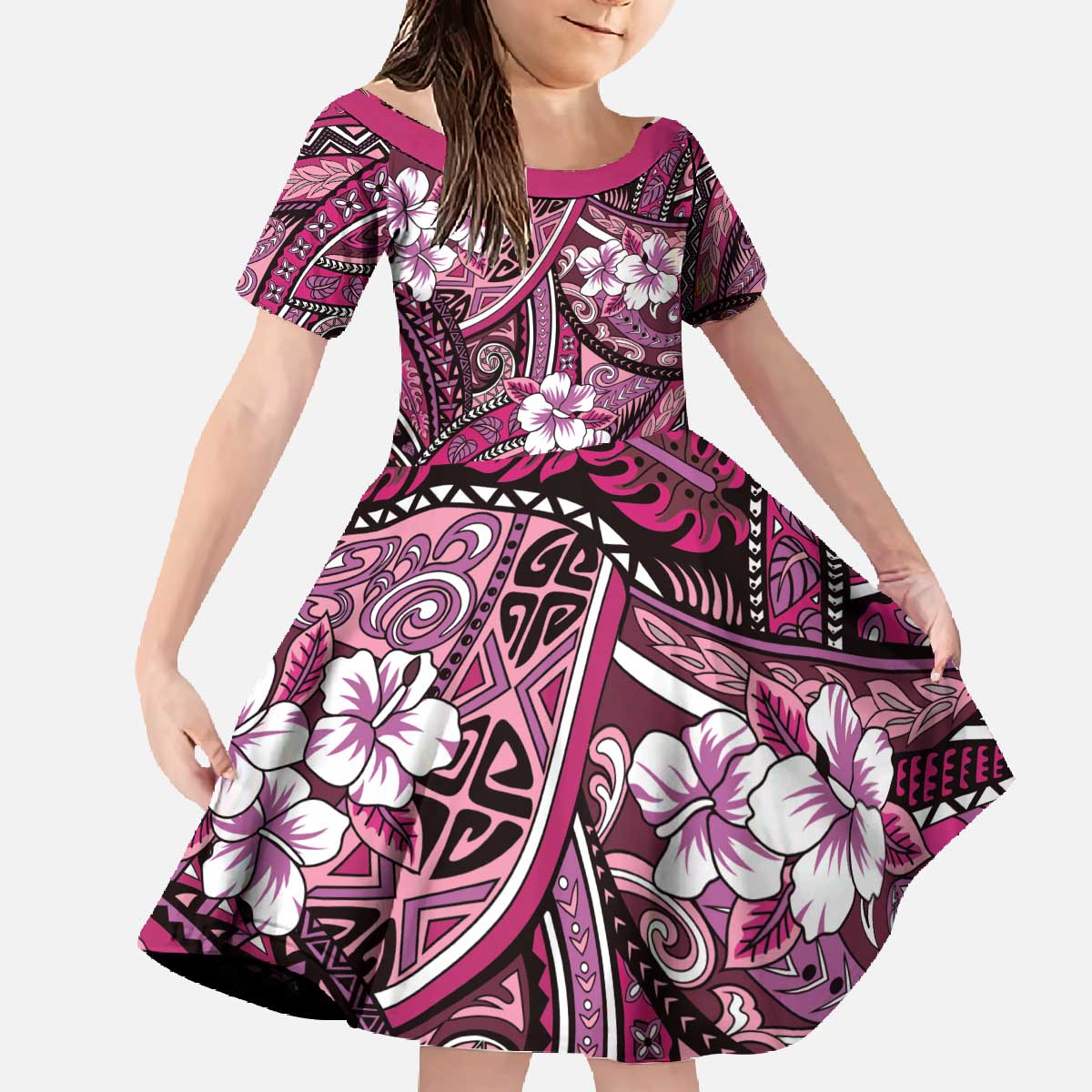 Polynesian Hibiscus Tropical Pink Floral Family Matching Off The Shoulder Long Sleeve Dress and Hawaiian Shirt Tribal Pattern LT01 Daughter's Dress Pink - Polynesian Pride