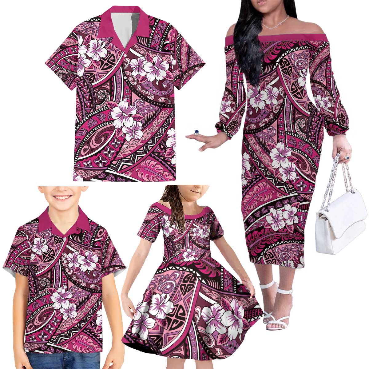 Polynesian Hibiscus Tropical Pink Floral Family Matching Off The Shoulder Long Sleeve Dress and Hawaiian Shirt Tribal Pattern LT01 - Polynesian Pride