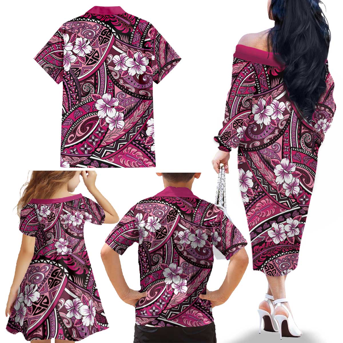 Polynesian Hibiscus Tropical Pink Floral Family Matching Off The Shoulder Long Sleeve Dress and Hawaiian Shirt Tribal Pattern LT01 - Polynesian Pride
