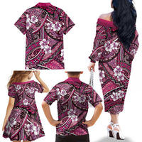 Polynesian Hibiscus Tropical Pink Floral Family Matching Off The Shoulder Long Sleeve Dress and Hawaiian Shirt Tribal Pattern LT01 - Polynesian Pride