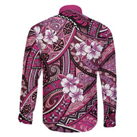 Polynesian Hibiscus Tropical Pink Floral Family Matching Off The Shoulder Long Sleeve Dress and Hawaiian Shirt Tribal Pattern LT01 - Polynesian Pride