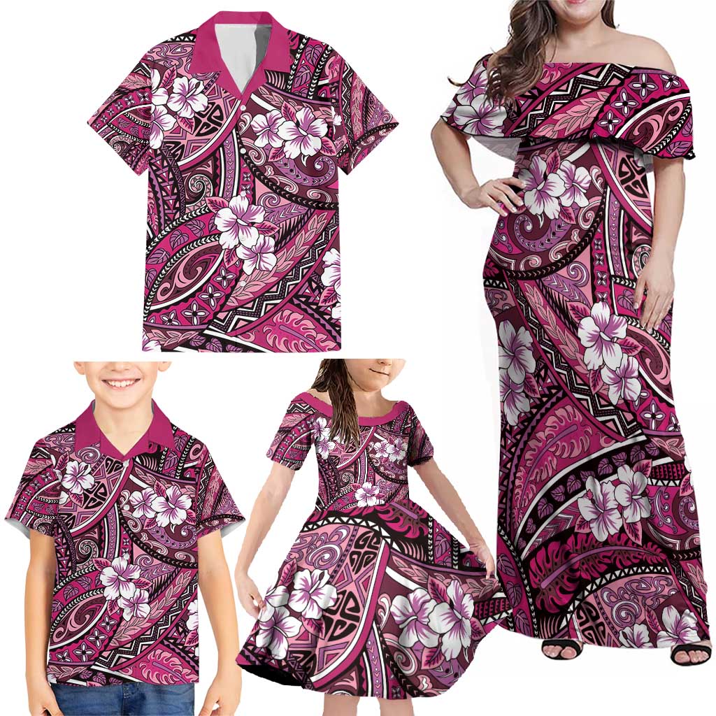Polynesian Hibiscus Tropical Pink Floral Family Matching Off Shoulder Maxi Dress and Hawaiian Shirt Tribal Pattern LT01 - Polynesian Pride