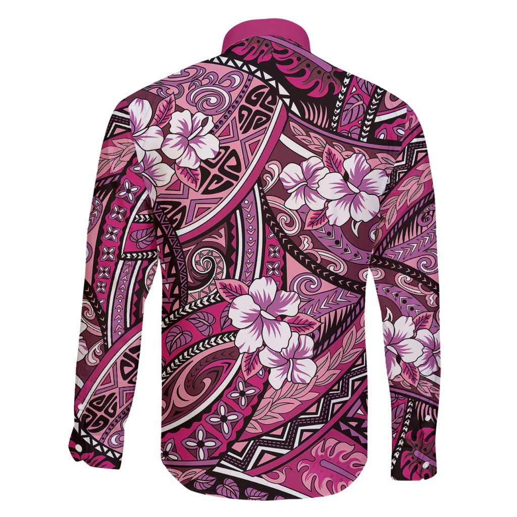 Polynesian Hibiscus Tropical Pink Floral Family Matching Off Shoulder Maxi Dress and Hawaiian Shirt Tribal Pattern - Polynesian Pride