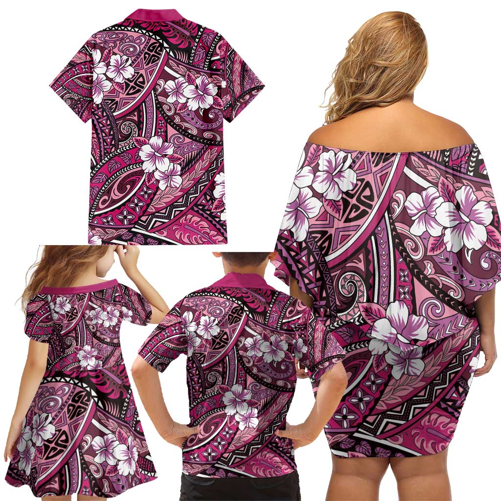 Polynesian Hibiscus Tropical Pink Floral Family Matching Off Shoulder Short Dress and Hawaiian Shirt Tribal Pattern LT01 - Polynesian Pride