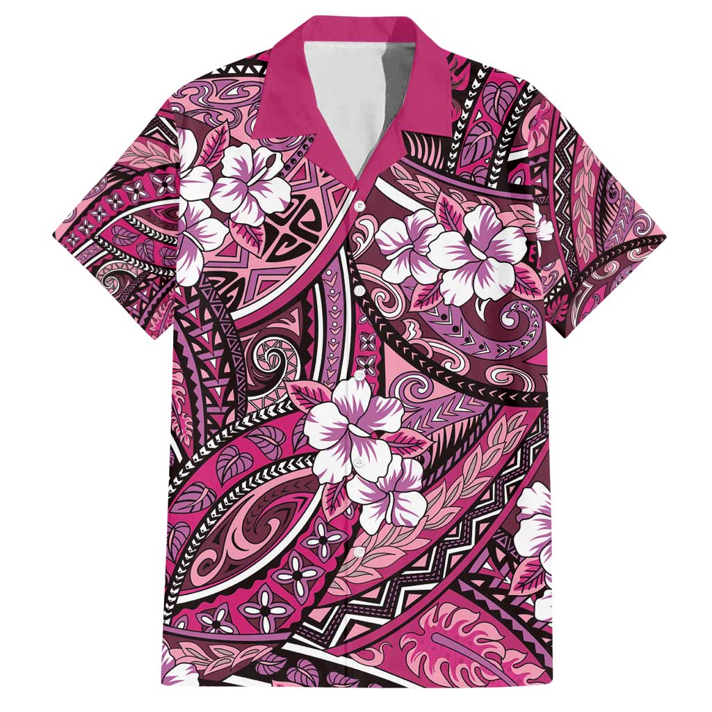 Polynesian Hibiscus Tropical Pink Floral Family Matching Off Shoulder Short Dress and Hawaiian Shirt Tribal Pattern LT01 Dad's Shirt - Short Sleeve Pink - Polynesian Pride