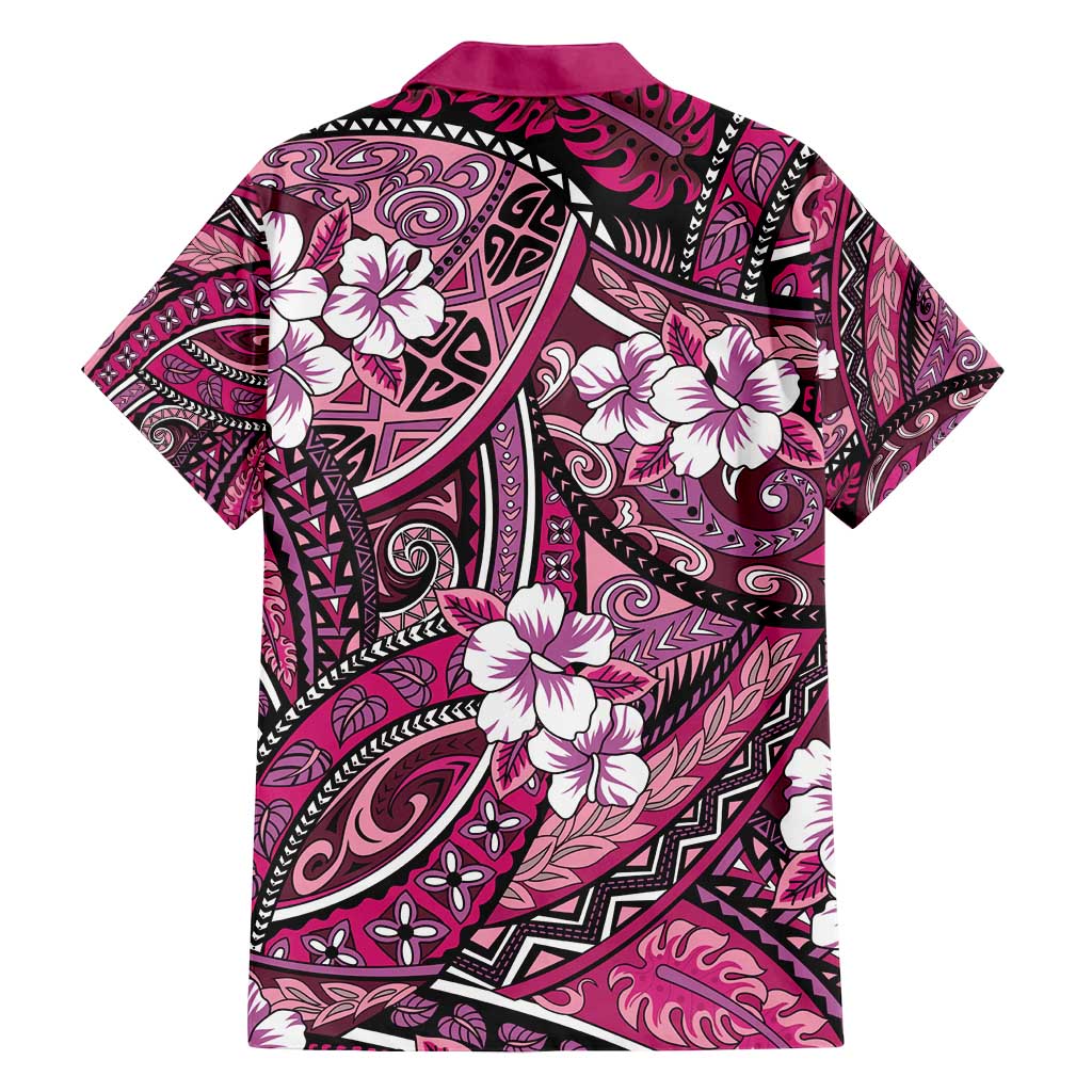 Polynesian Hibiscus Tropical Pink Floral Family Matching Off Shoulder Short Dress and Hawaiian Shirt Tribal Pattern LT01 - Polynesian Pride