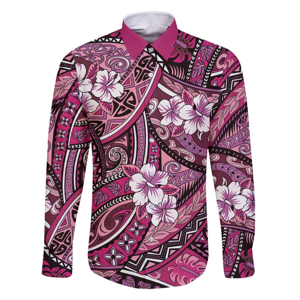 Polynesian Hibiscus Tropical Pink Floral Family Matching Off Shoulder Short Dress and Hawaiian Shirt Tribal Pattern LT01 Dad's Shirt - Long Sleeve Pink - Polynesian Pride