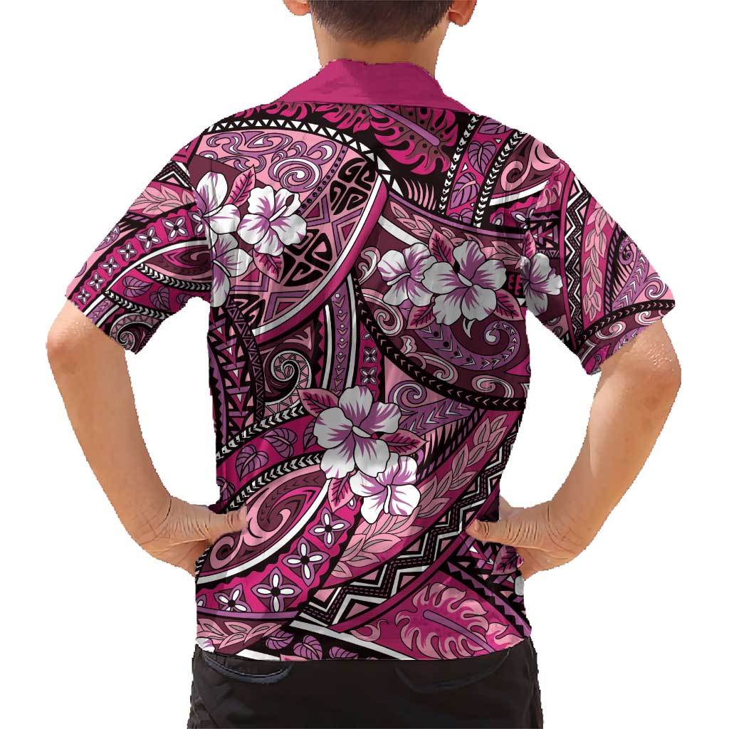 Polynesian Hibiscus Tropical Pink Floral Family Matching Short Sleeve Bodycon Dress and Hawaiian Shirt Tribal Pattern LT01 - Polynesian Pride