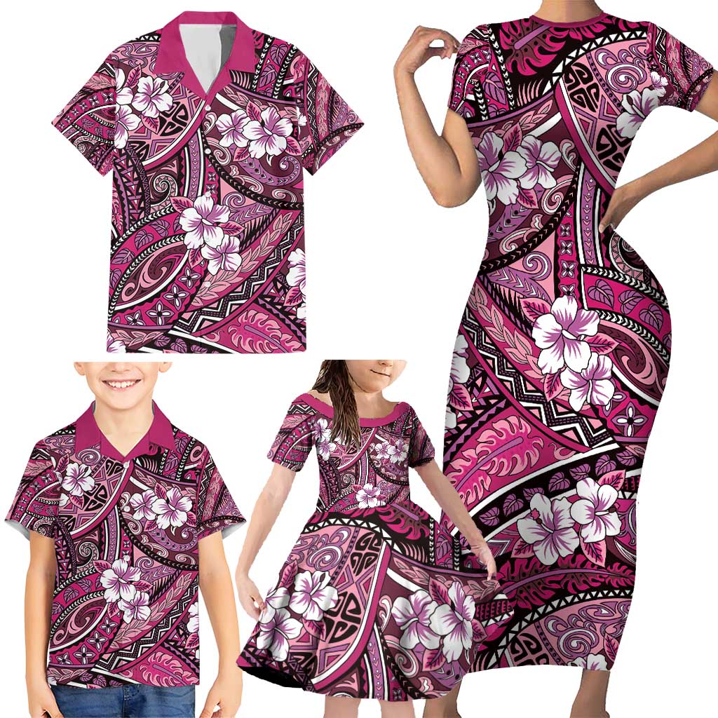 Polynesian Hibiscus Tropical Pink Floral Family Matching Short Sleeve Bodycon Dress and Hawaiian Shirt Tribal Pattern LT01 - Polynesian Pride