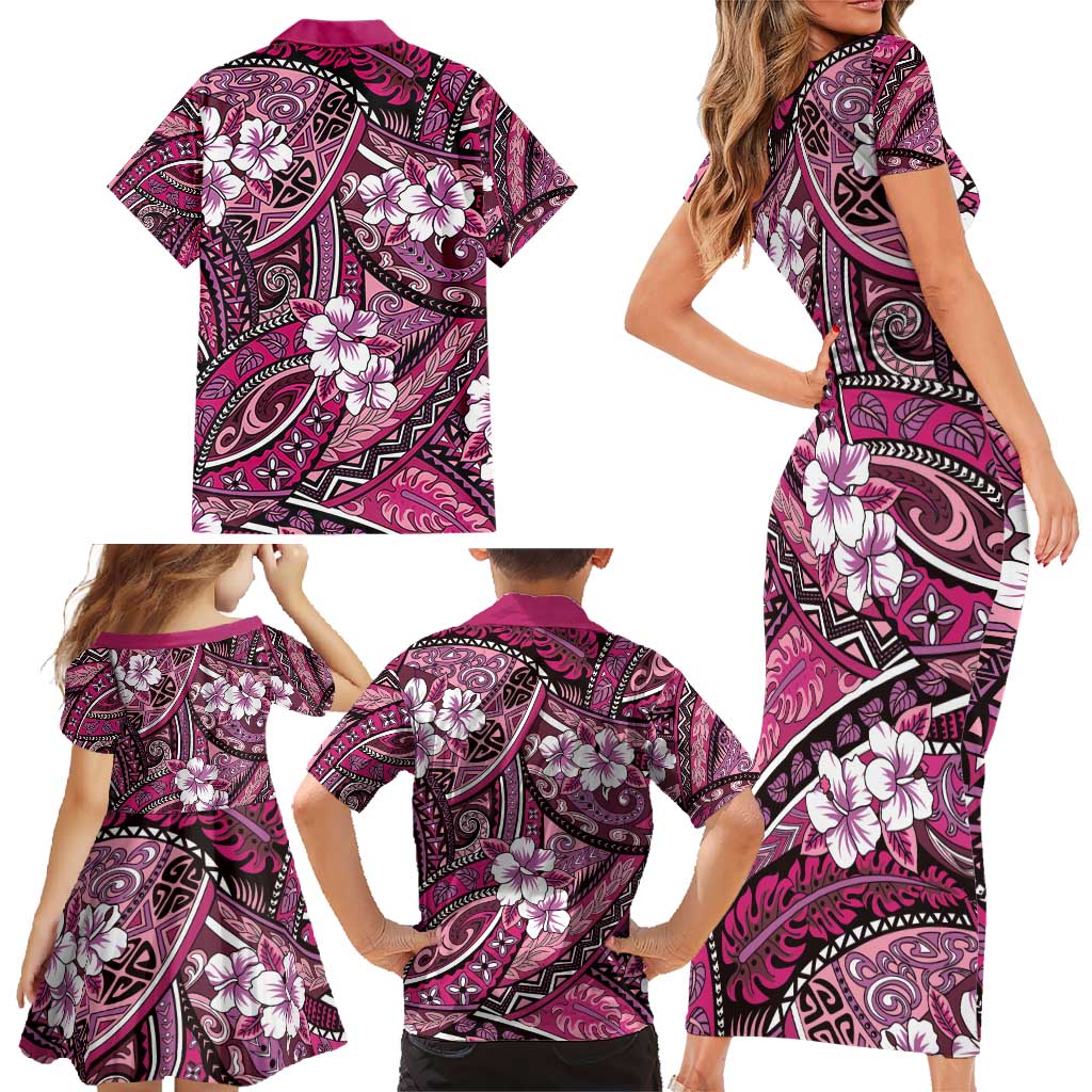 Polynesian Hibiscus Tropical Pink Floral Family Matching Short Sleeve Bodycon Dress and Hawaiian Shirt Tribal Pattern LT01 - Polynesian Pride