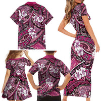 Polynesian Hibiscus Tropical Pink Floral Family Matching Short Sleeve Bodycon Dress and Hawaiian Shirt Tribal Pattern LT01 - Polynesian Pride