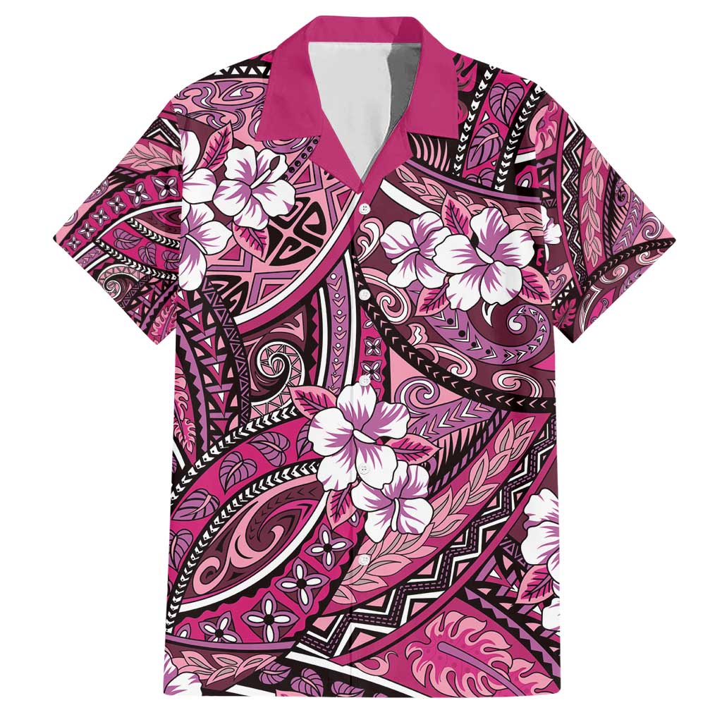 Polynesian Hibiscus Tropical Pink Floral Family Matching Short Sleeve Bodycon Dress and Hawaiian Shirt Tribal Pattern LT01 Dad's Shirt - Short Sleeve Pink - Polynesian Pride