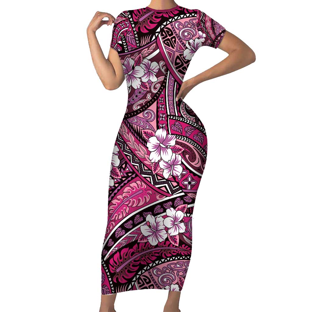 Polynesian Hibiscus Tropical Pink Floral Family Matching Short Sleeve Bodycon Dress and Hawaiian Shirt Tribal Pattern LT01 Mom's Dress Pink - Polynesian Pride