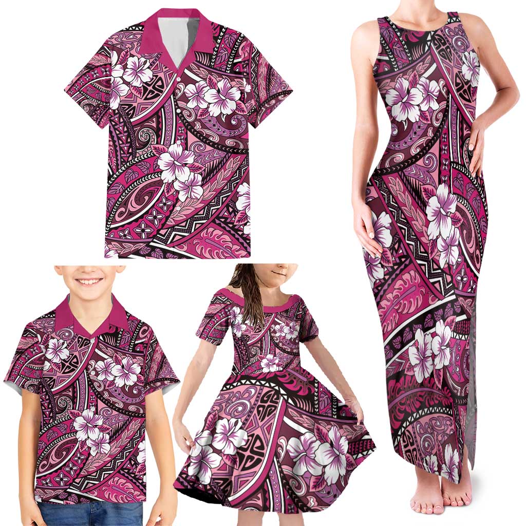 Polynesian Hibiscus Tropical Pink Floral Family Matching Tank Maxi Dress and Hawaiian Shirt Tribal Pattern LT01 - Polynesian Pride