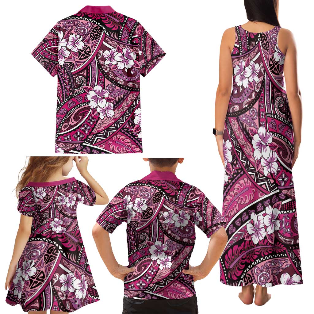Polynesian Hibiscus Tropical Pink Floral Family Matching Tank Maxi Dress and Hawaiian Shirt Tribal Pattern LT01 - Polynesian Pride
