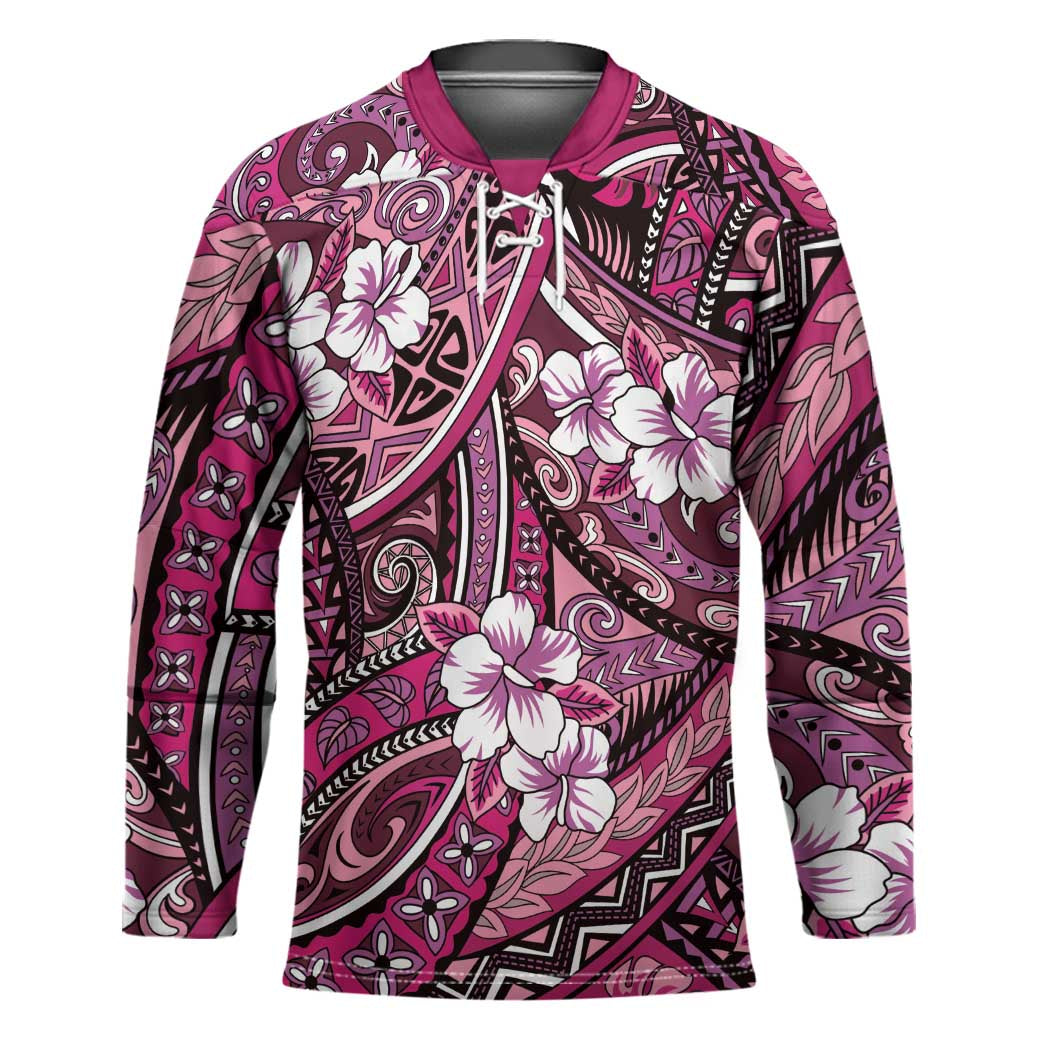 Polynesian Hibiscus Tropical Pink Floral Hockey Jersey Tribal Pattern - Polynesian Pride