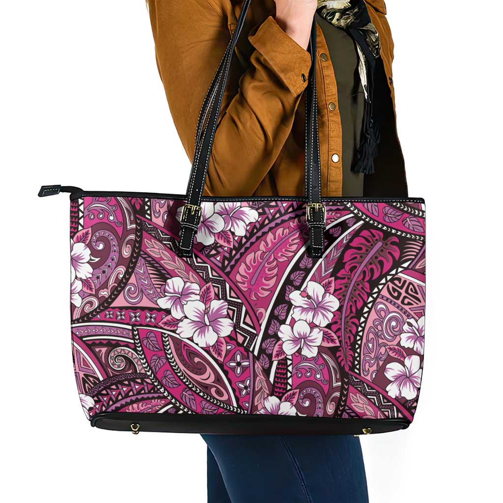 Polynesian Hibiscus Tropical Pink Floral Leather Tote Bag Tribal Pattern - Polynesian Pride