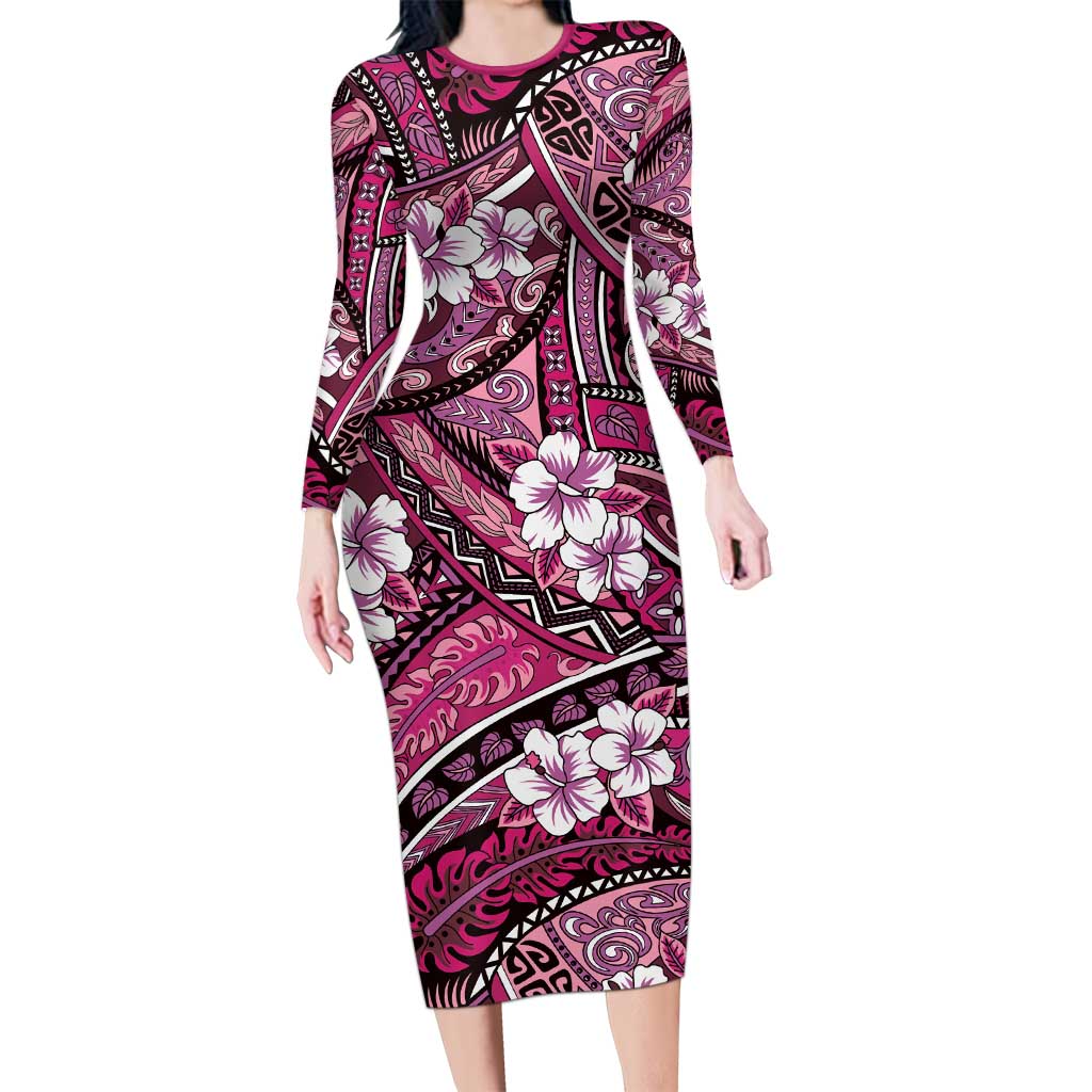 Polynesian Hibiscus Tropical Pink Floral Long Sleeve Bodycon Dress Tribal Pattern - Polynesian Pride
