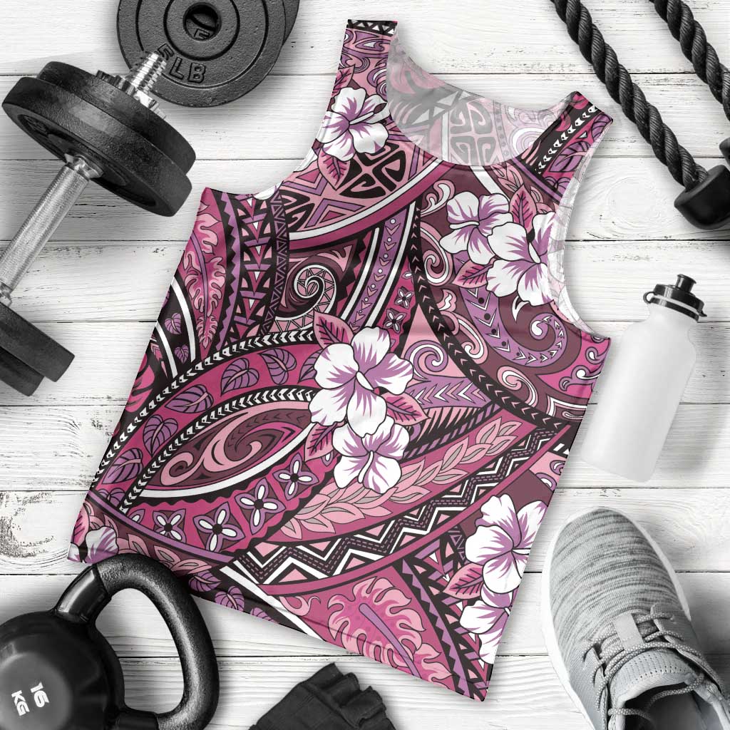Polynesian Hibiscus Tropical Pink Floral Men Tank Top Tribal Pattern - Polynesian Pride