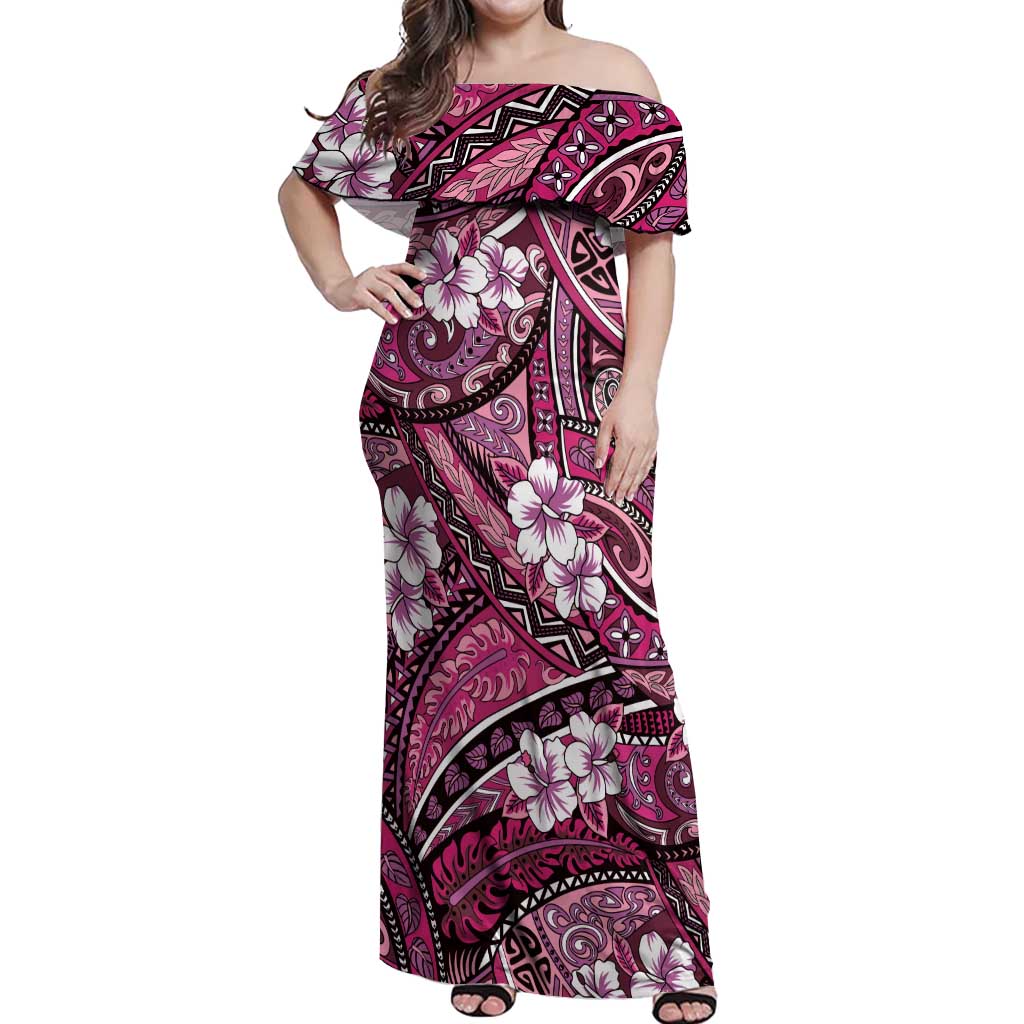 Polynesian Hibiscus Tropical Pink Floral Off Shoulder Maxi Dress Tribal Pattern - Polynesian Pride