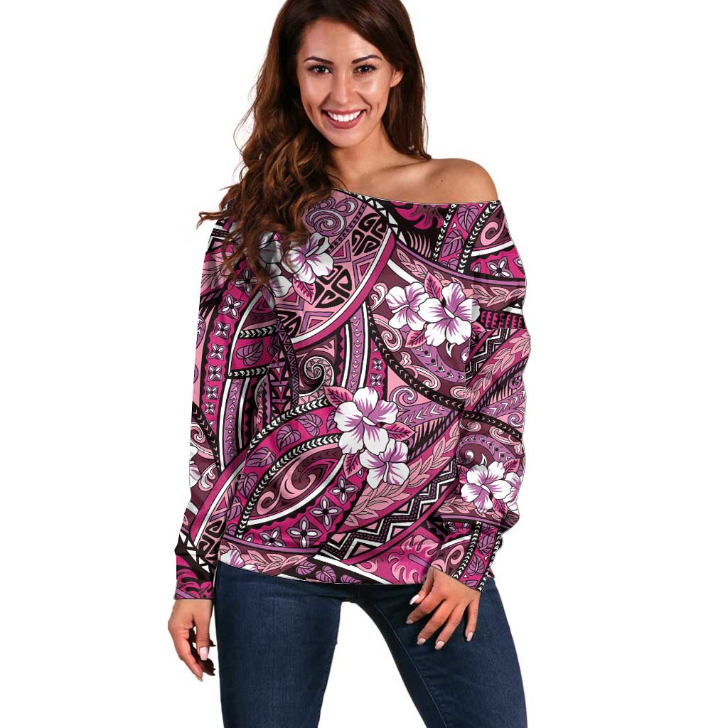 Polynesian Hibiscus Tropical Pink Floral Off Shoulder Sweater Tribal Pattern LT01 Women Pink - Polynesian Pride