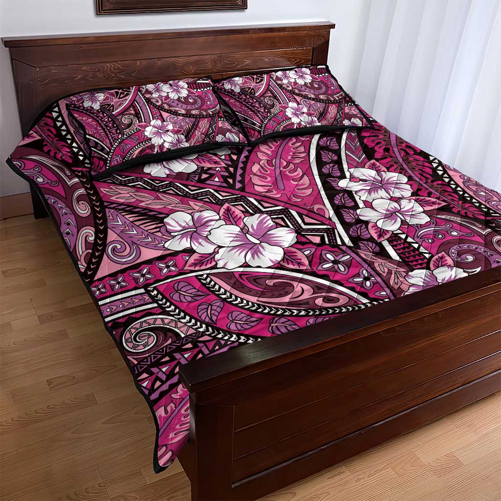Polynesian Hibiscus Tropical Pink Floral Quilt Bed Set Tribal Pattern - Polynesian Pride