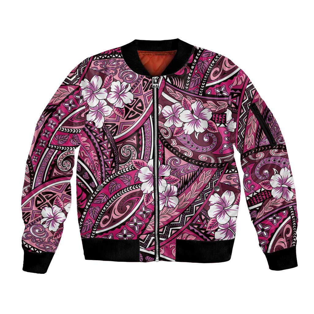 Polynesian Hibiscus Tropical Pink Floral Sleeve Zip Bomber Jacket Tribal Pattern LT01 Unisex Pink - Polynesian Pride