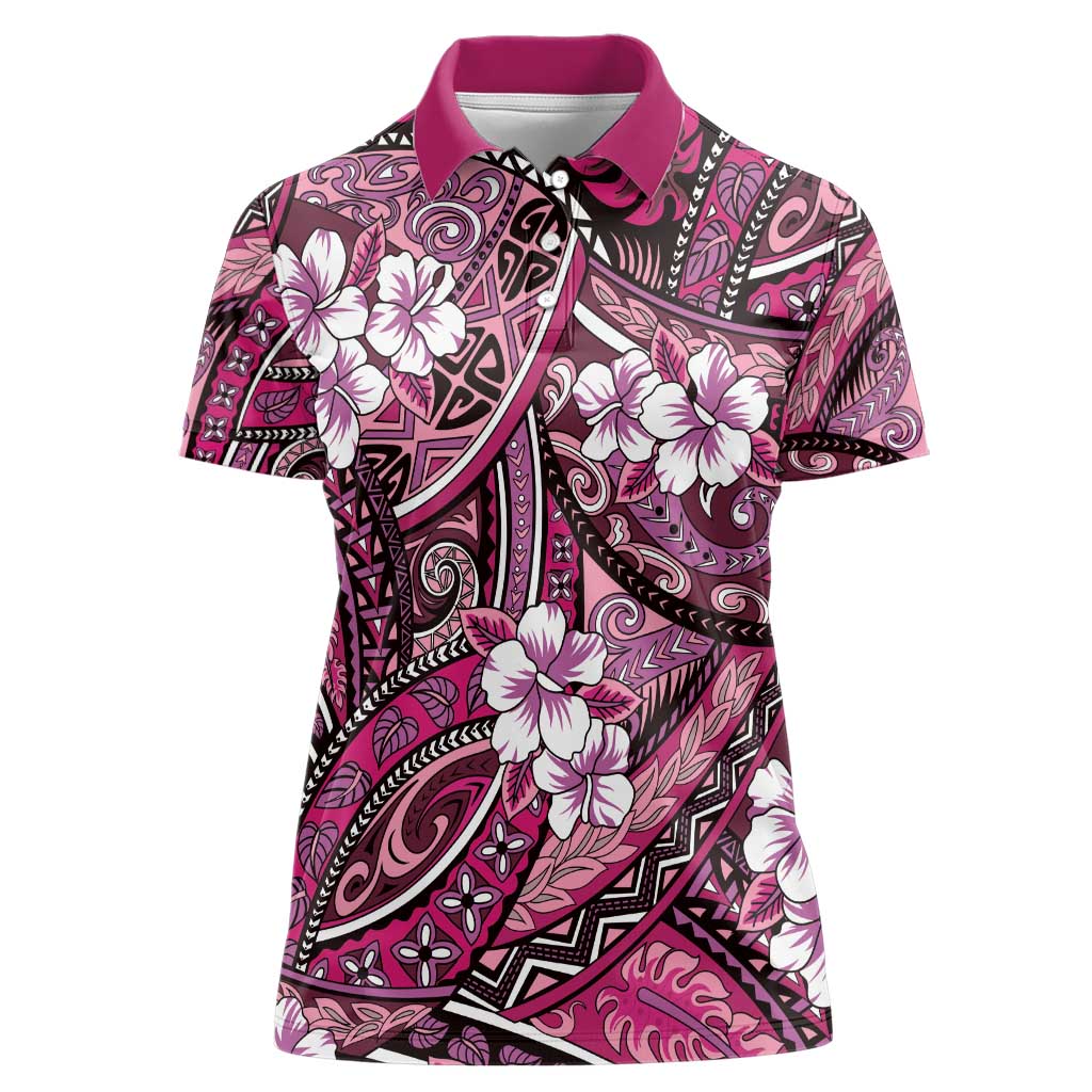 Polynesian Hibiscus Tropical Pink Floral Women Polo Shirt Tribal Pattern LT01 Female Pink - Polynesian Pride