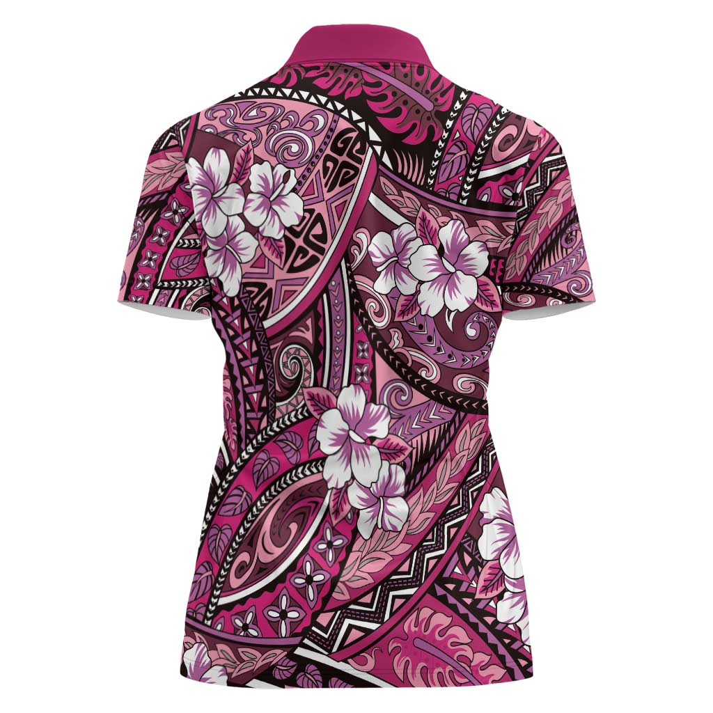 Polynesian Hibiscus Tropical Pink Floral Women Polo Shirt Tribal Pattern LT01 - Polynesian Pride